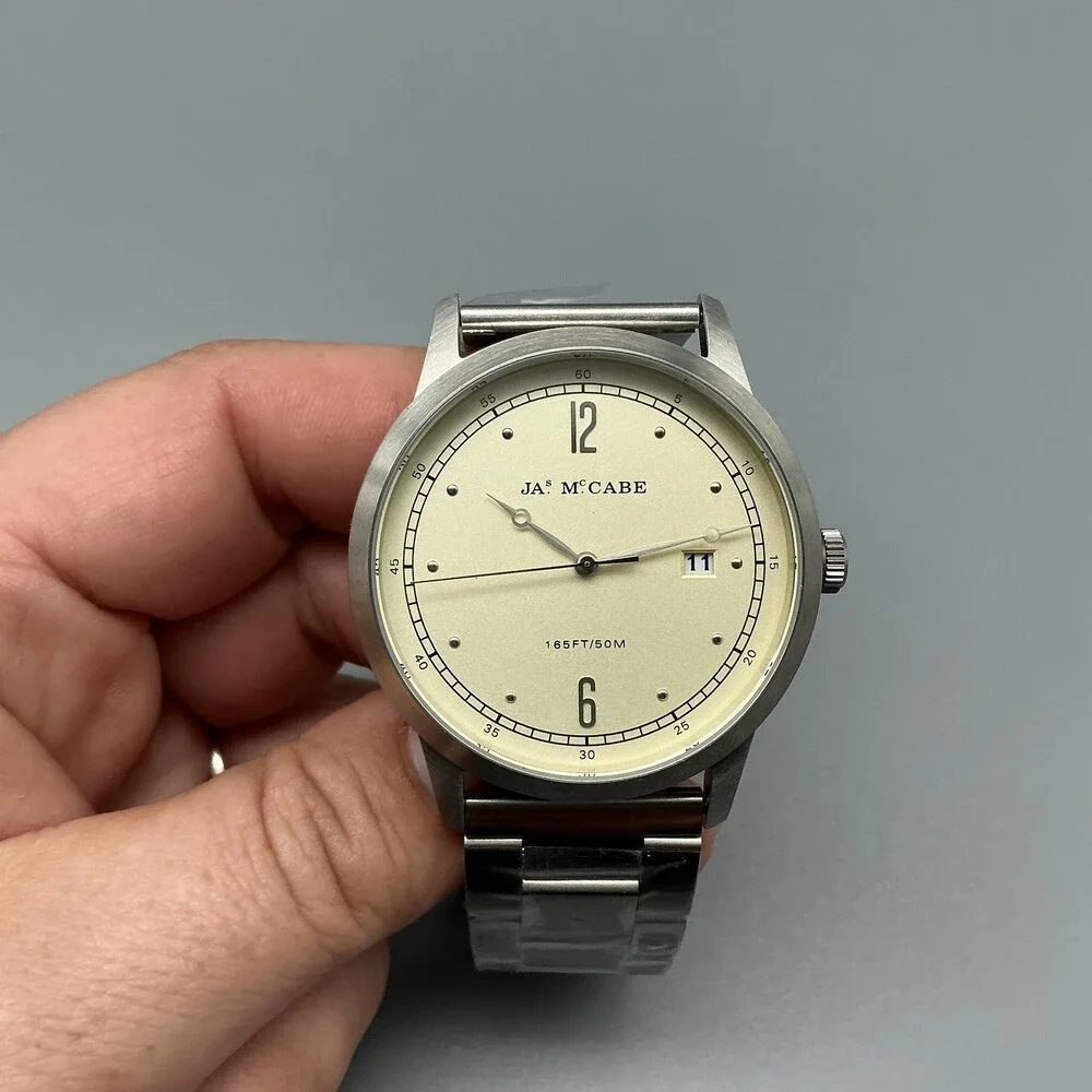 JAS McCabe JM-1034 Mens Watch 42mm Cream Dial Stainless Date New Battery 8.25